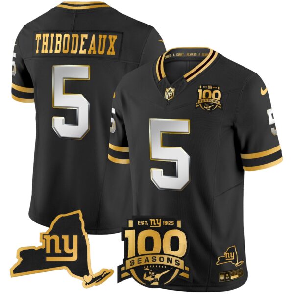 New York Giants 100th Season & State Patch Gold Vapor Limited Jersey – All Stitched – Black Limited – Kayvon Thibodeaux Jersey