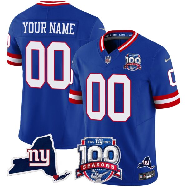 New York Giants 100th Season & State Patch Vapor Limited Custom Jersey – All Stitched – Royal Jersey