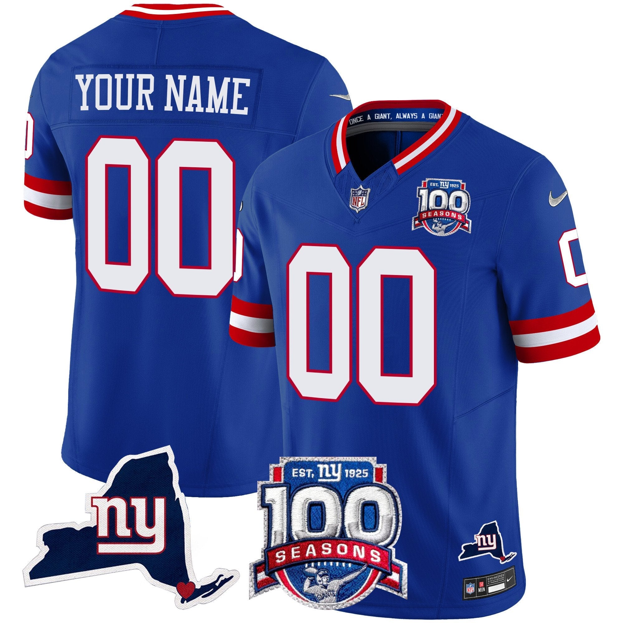 New York Giants 100th Season & State Patch Vapor Limited Custom Jersey – All Stitched – Royal Jersey