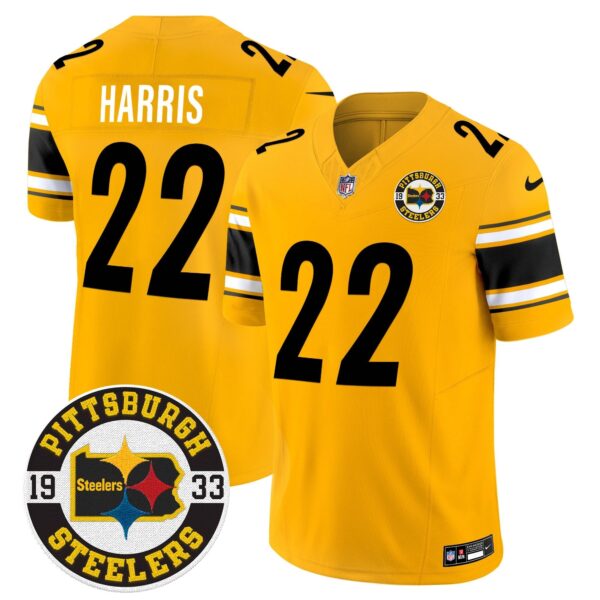 Steelers 2024 Vapor Limited Jersey – Est 1933 Patch – All Stitched – Gold – Najee Harris Jersey