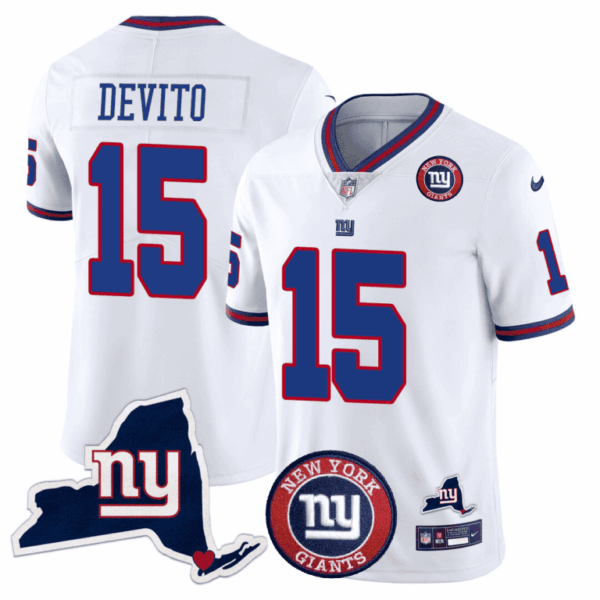 Giants New York State & Logo Patch Limited Jersey – All Stitched – White – Tommy DeVito Jersey
