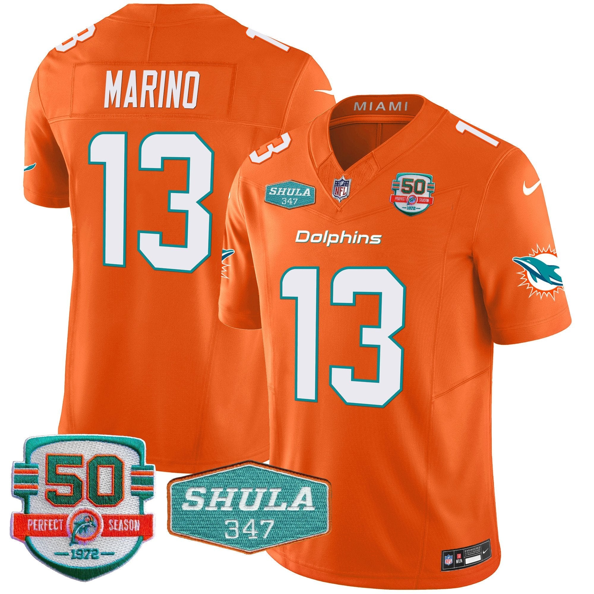 Dolphins Shula 347 Patch Vapor Limited Jersey V2 – All Stitched – Orange – Dan Marino Jersey