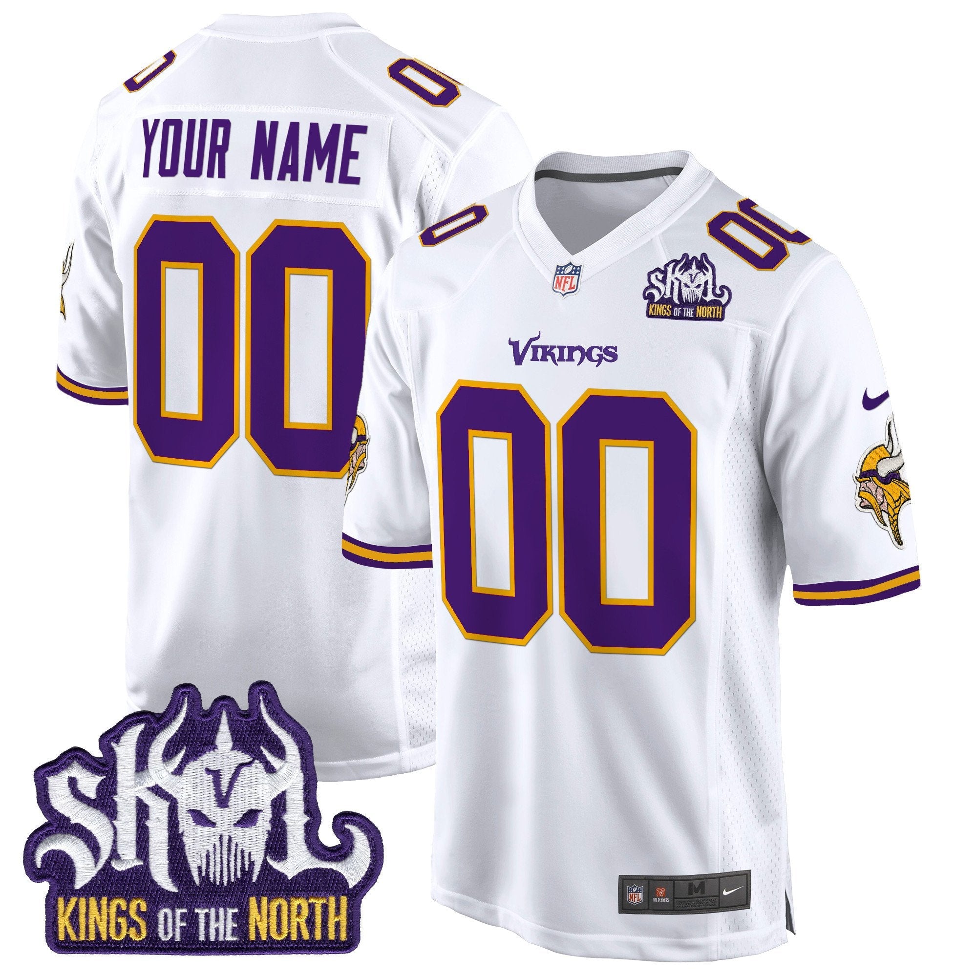 Minnesota Vikings King Of The North Patch Throwback Game Custom Jersey – All Stitched – White Jersey