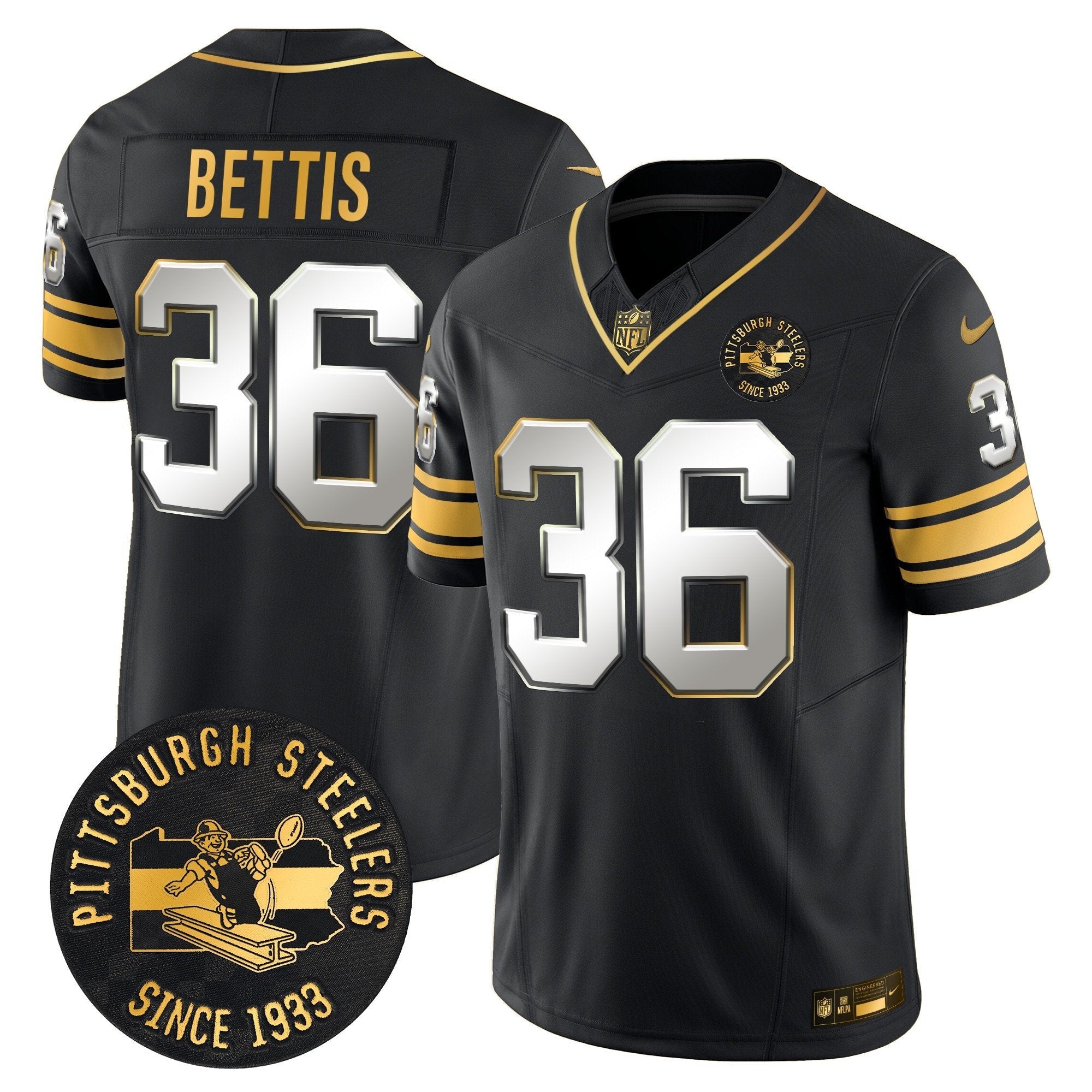 Pittsburgh Steelers Throwback 1933 Patch Gold Vapor Limited Jersey – All Stitched – Black Limited – Jerome Bettis Jersey