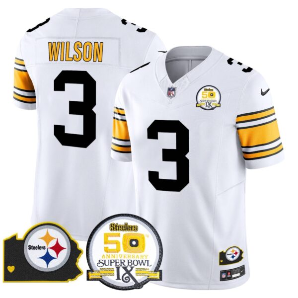 Steelers 50th Anniversary Of Super Bowl IX & Map Patch Vapor Limited Jersey – All Stitched – 1975 White – Russell Wilson Jersey