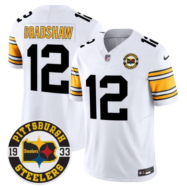 Steelers 2024 Vapor Limited Jersey – Est 1933 Patch – All Stitched – 1975 White – Terry Bradshaw Jersey