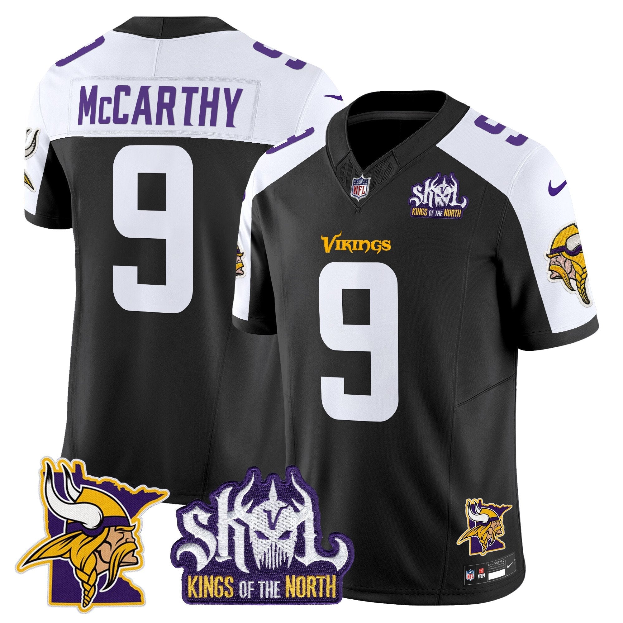 Minnesota Vikings Kings Of The North Patch Vapor Limited Jersey V3 – All Stitched – Black Alternate – J.J. McCarthy Jersey