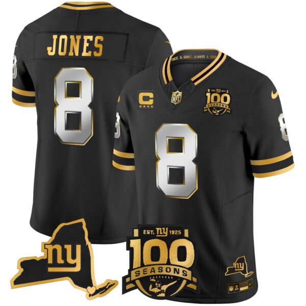 New York Giants 100th Season & State Patch Gold Vapor Limited Jersey – All Stitched – Black Limited – Daniel Jones Jersey