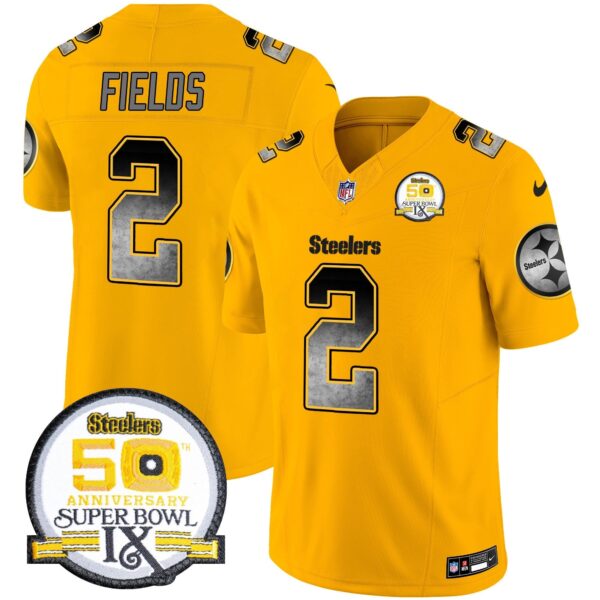 Steelers Arch Smoke 50th Anniversary Of Super Bowl IX Patch Vapor Limited Jersey – All Stitched – Gold – Justin Fields Jersey