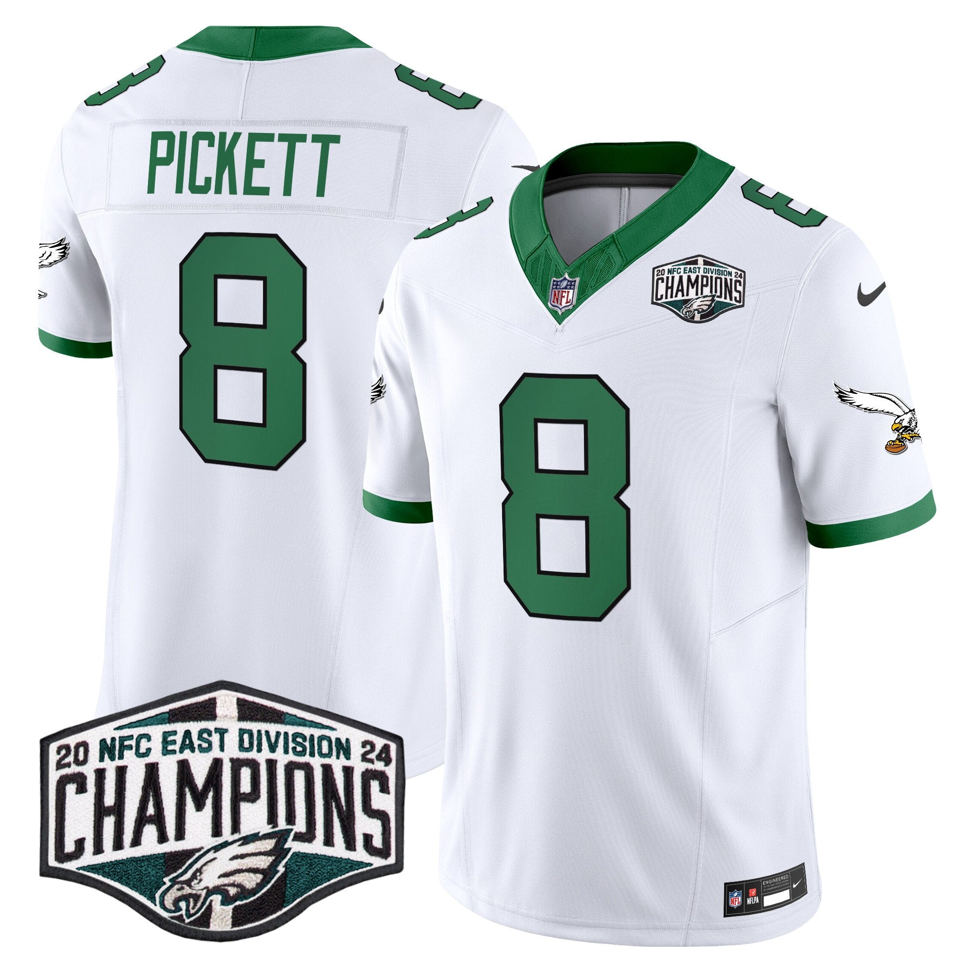 Philadelphia Eagles Kelly Green 2024 NFC East Division Champions Vapor Limited Jersey V2 – All Stitched – Kelly White – Kenny Pickett Jersey