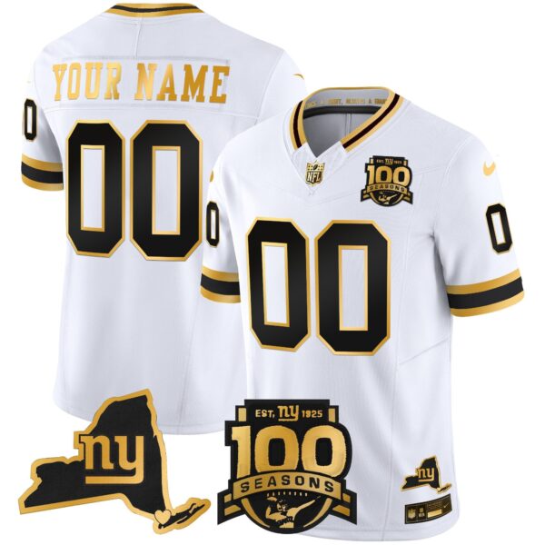 New York Giants 100th Season & State Patch Gold Vapor Limited Custom Jersey – All Stitched – White Gold Jersey