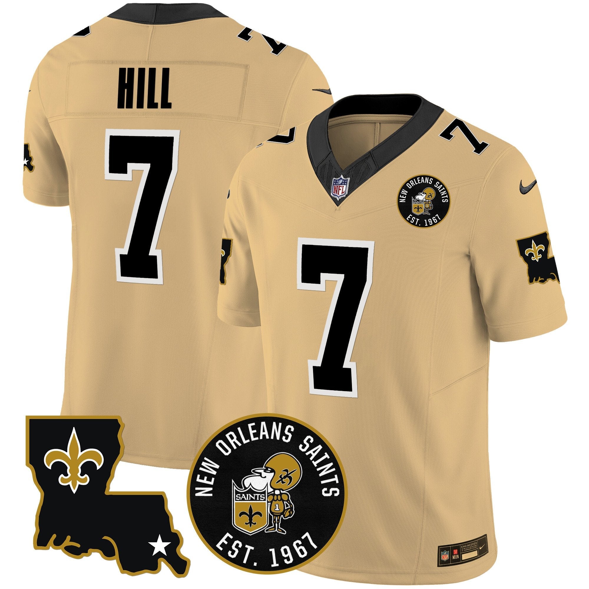 Saints EST. 1967 Patch Vapor Jersey – All Stitched – Gold – Taysom Hill Jersey