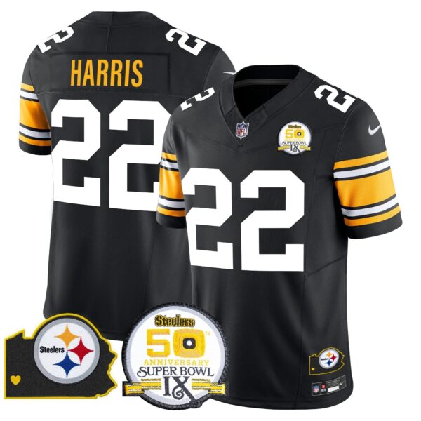 Steelers 50th Anniversary Of Super Bowl IX & Map Patch Vapor Limited Jersey – All Stitched – 1975 Throwback – Najee Harris Jersey