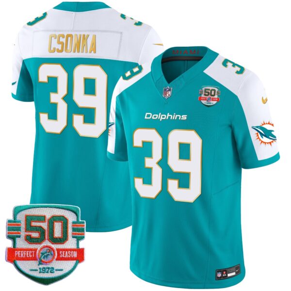 Dolphins Gold Trim Vapor Limited Jersey – All Stitched – Aqua Alternate – Larry Csonka Jersey