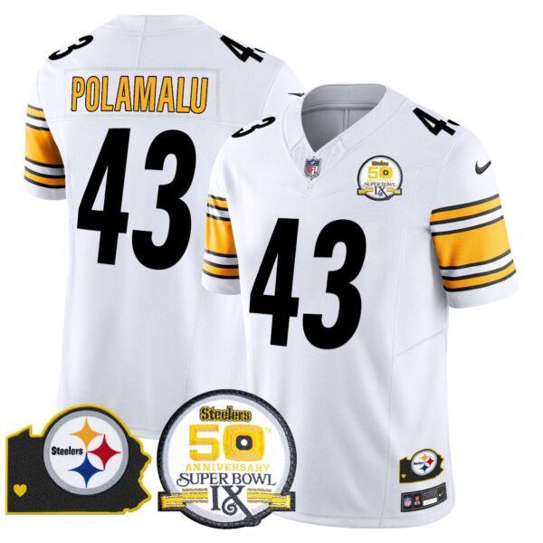 Steelers 50th Anniversary Of Super Bowl IX & Map Patch Vapor Limited Jersey – All Stitched – White – Troy Polamalu Jersey