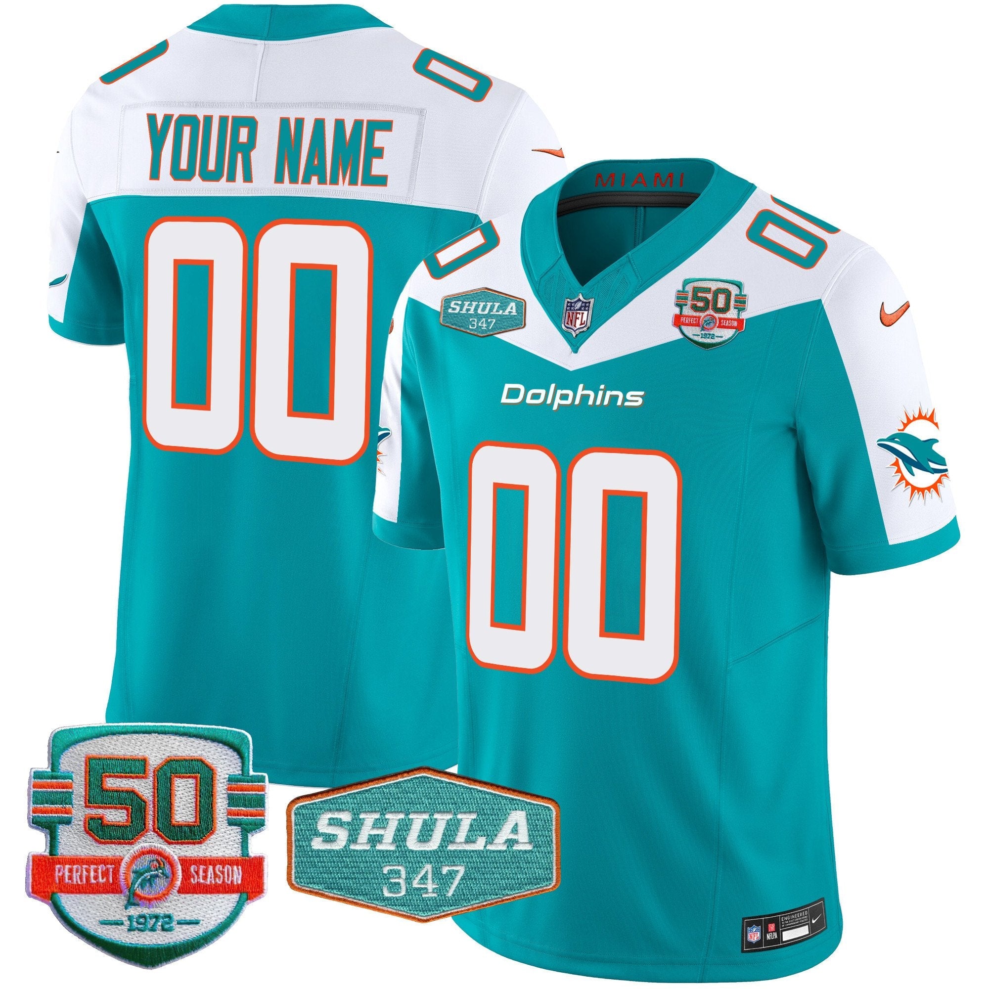 Dolphins Shula 347 Patch Vapor Limited Custom Jersey V2 – All Stitched – Aqua Alternate Jersey