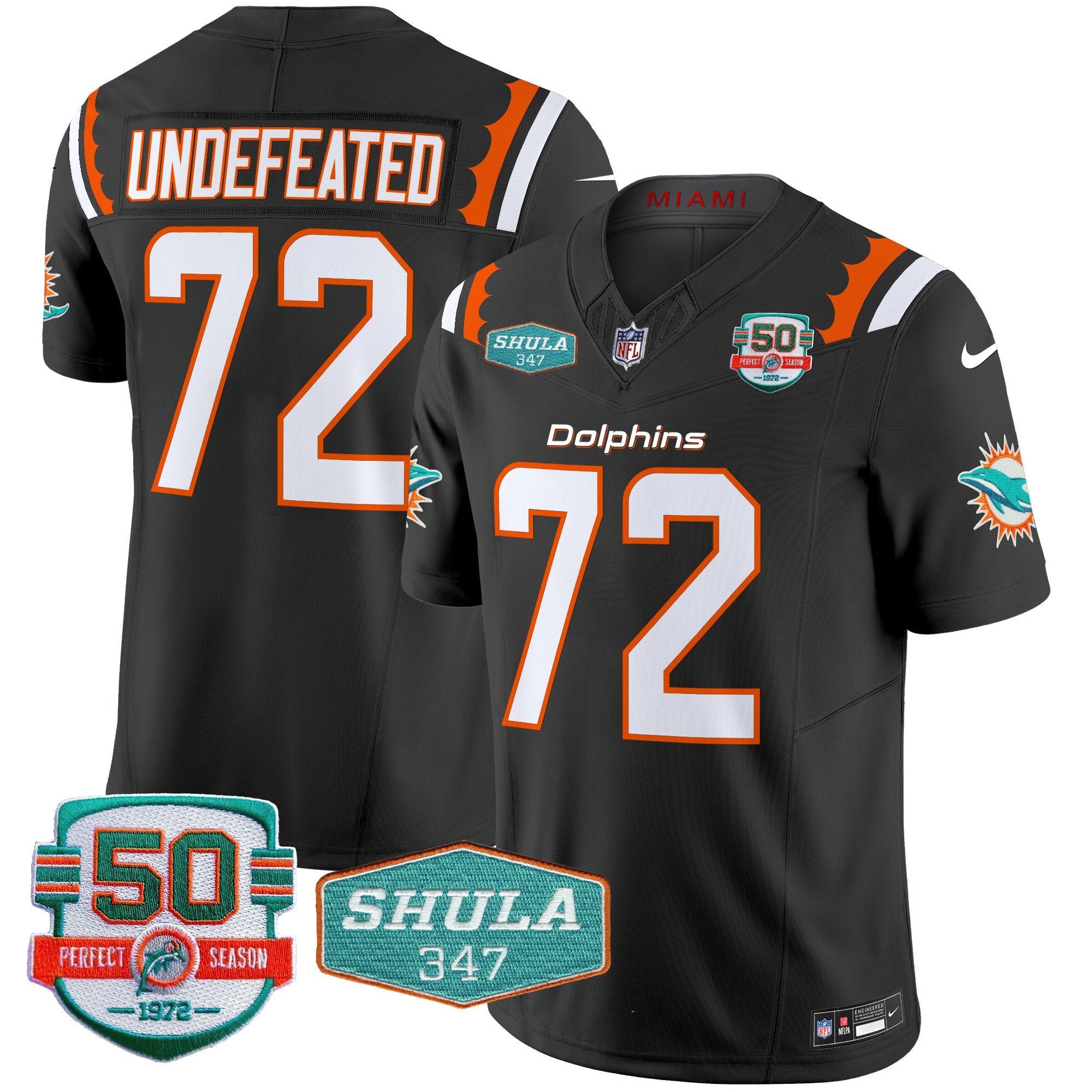 Dolphins 50th & Don Shula 347 Memorial Patch Vapor Limited Jersey – All Stitched – Black – Undefeated Jersey