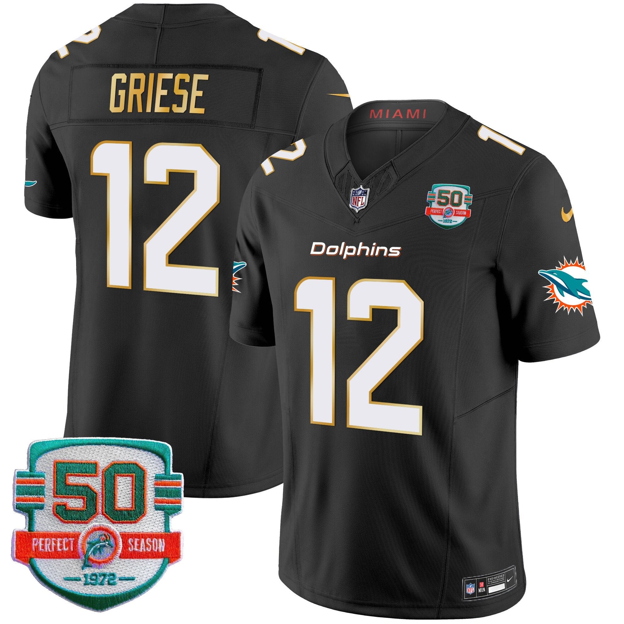 Dolphins Gold Trim Vapor Limited Jersey – All Stitched – Black – Bob Griese Jersey
