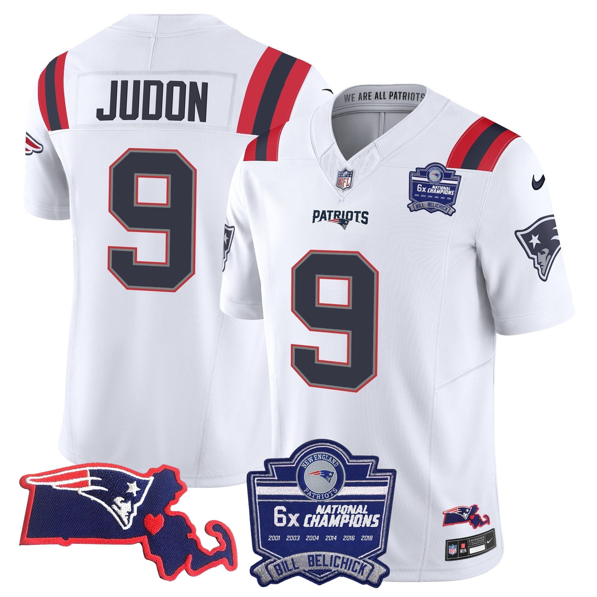 Patriots Bill Belichick 6x Champions Patch Vapor Jersey – All Stitched – White – Matthew Judon Jersey