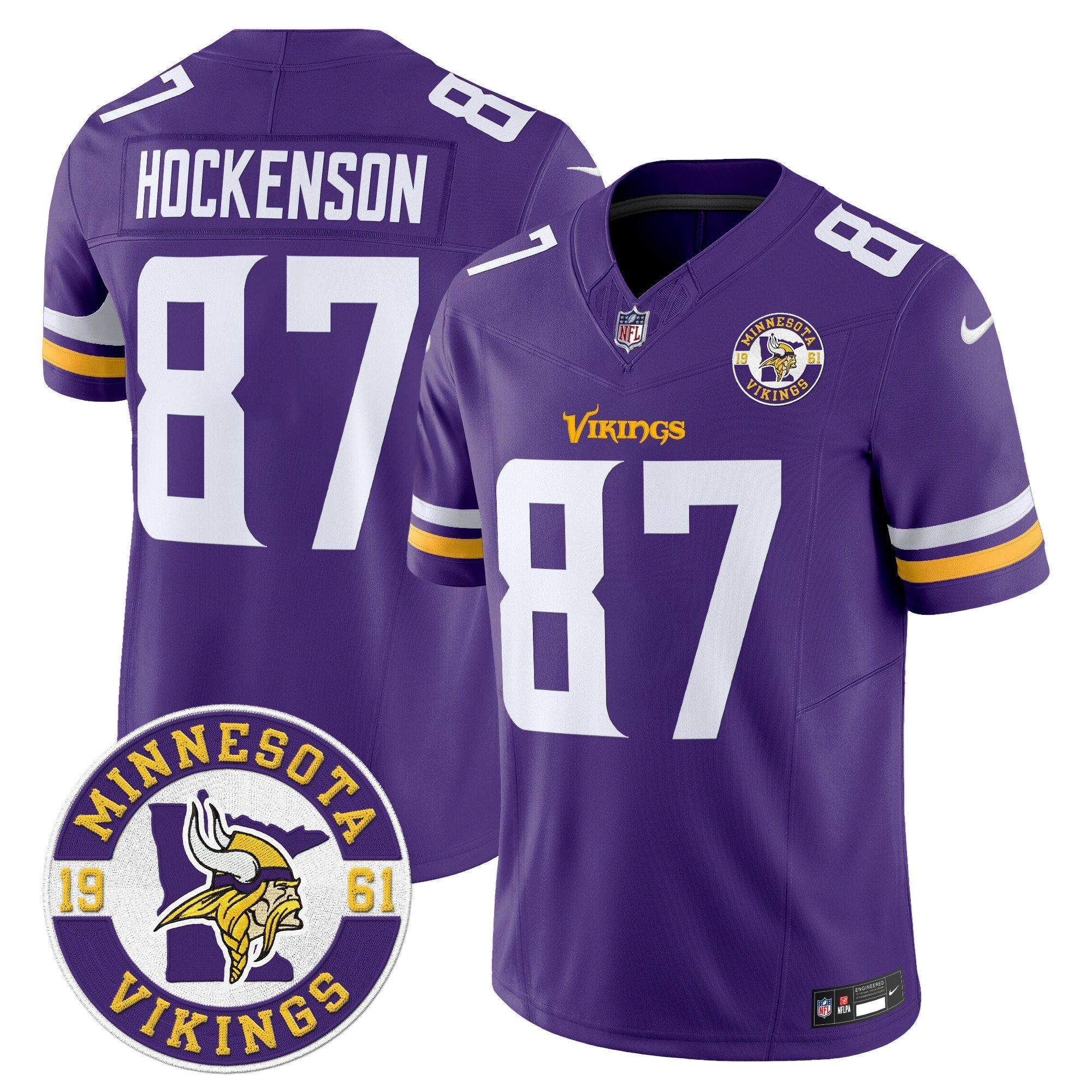 Minnesota Vikings 2024 Vapor Limited Jersey V2 – Est. 1961 Patch – All Stitched – Purple – T.J. Hockenson Jersey