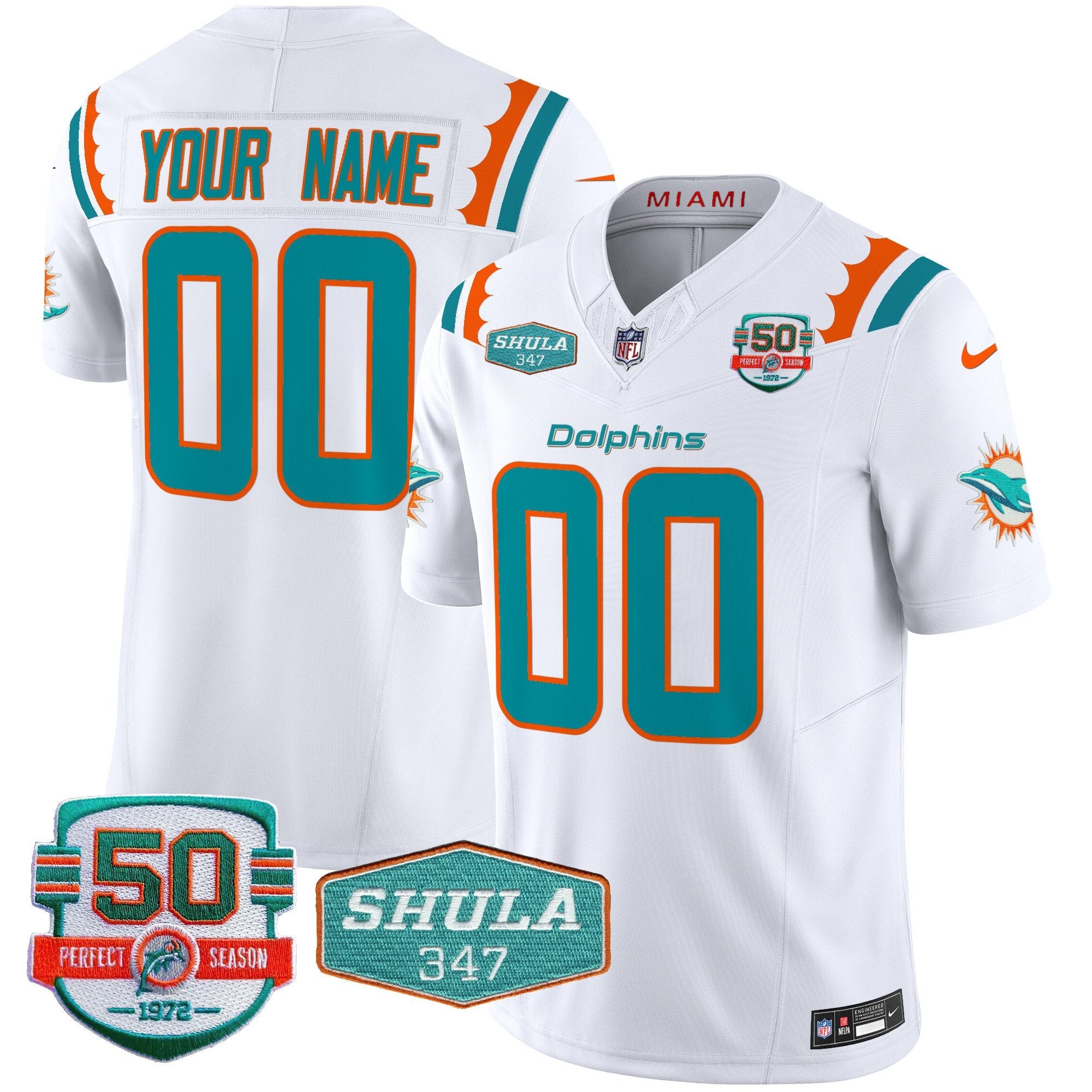 Dolphins 50th & Don Shula 347 Memorial Patch Vapor Limited Custom Jersey – All Stitched – White Jersey