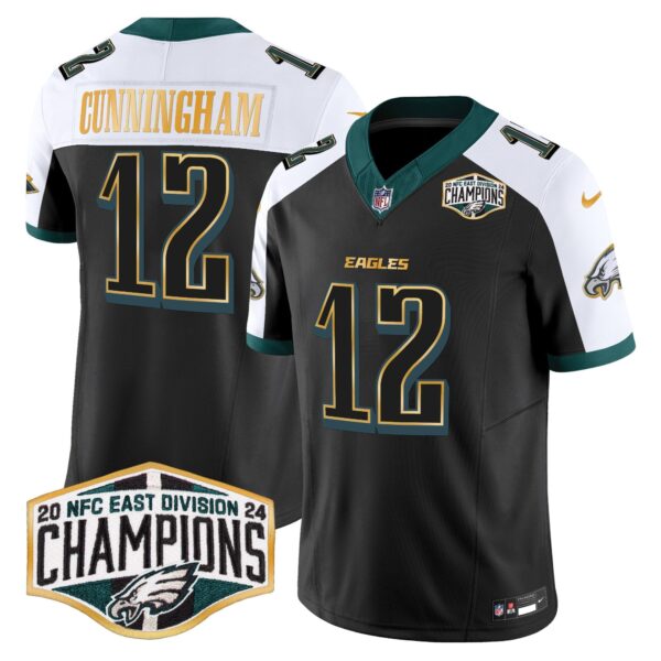 Eagles 2024 NFC East Division Champions Gold Trim Vapor Limited Jersey – All Stitched – Black Alternate – Randall Cunningham Jersey
