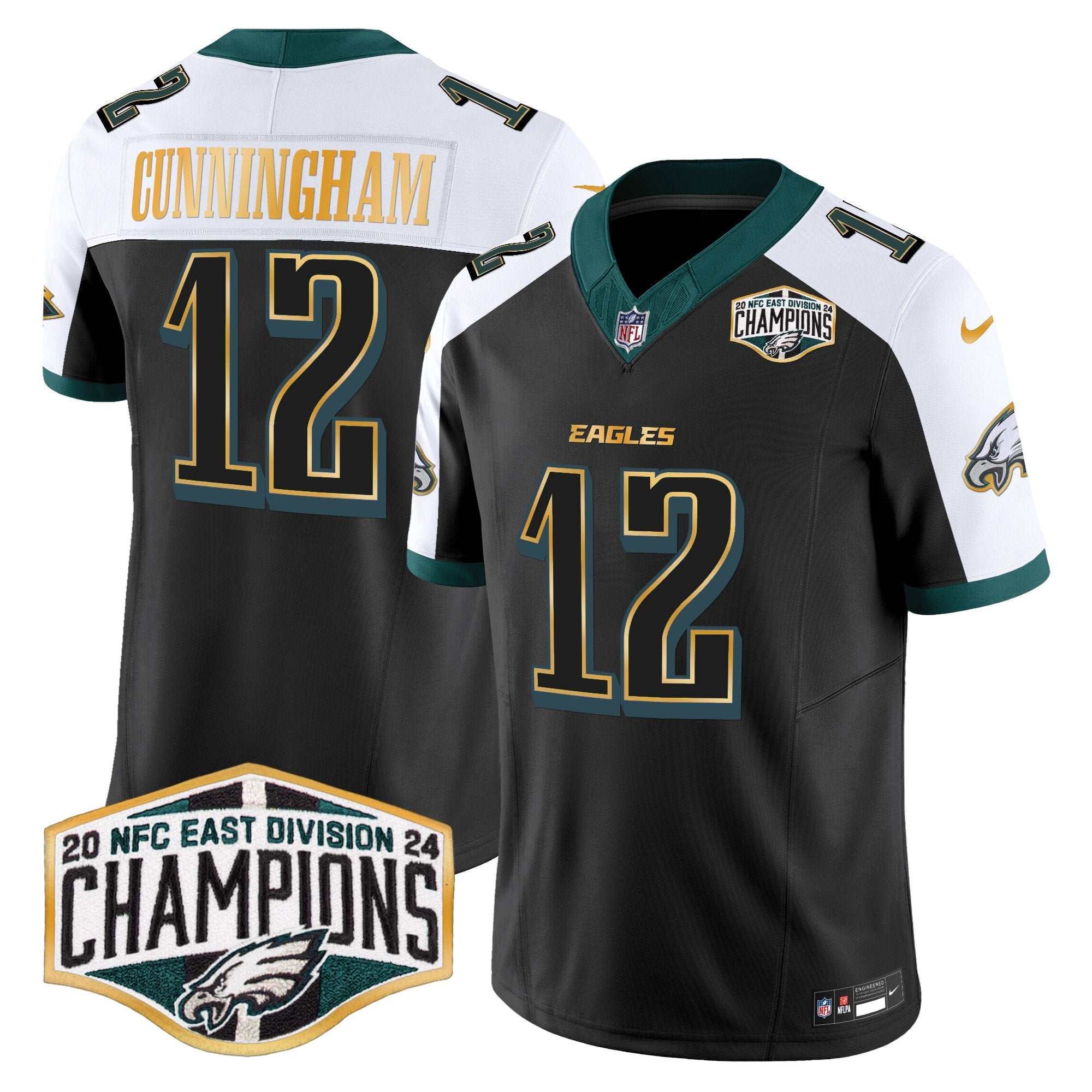 Eagles 2024 NFC East Division Champions Gold Trim Vapor Limited Jersey – All Stitched – Black Alternate – Randall Cunningham Jersey