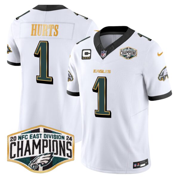 Eagles 2024 NFC East Division Champions Gold Trim Vapor Limited Jersey – All Stitched – White – Jalen Hurts Jersey