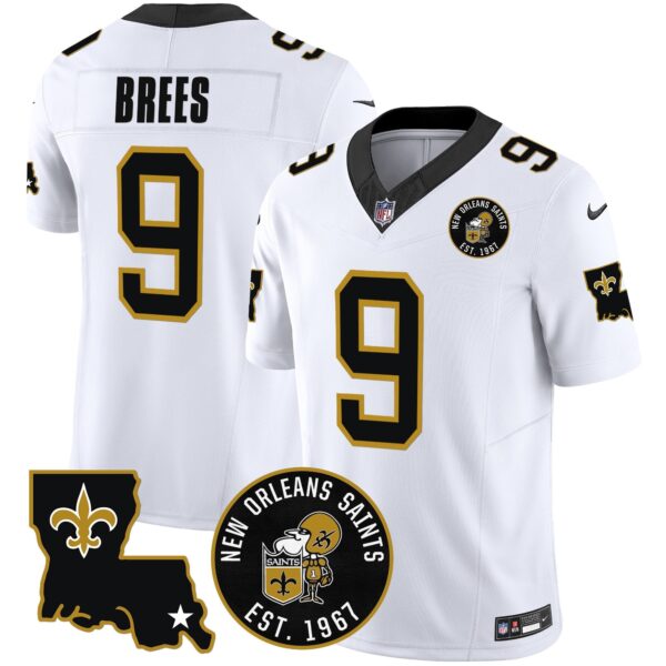Saints EST. 1967 Patch Vapor Jersey – All Stitched – White – Drew Brees Jersey