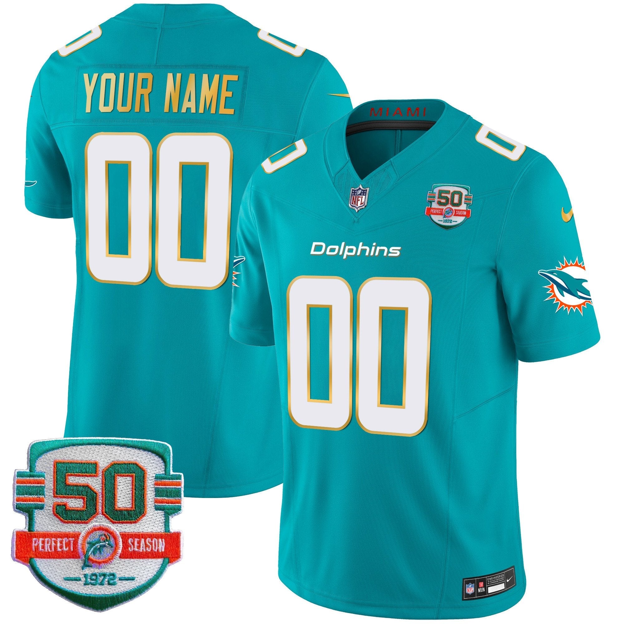 Dolphins Gold Trim Vapor Limited Custom Jersey – All Stitched – Aqua Jersey