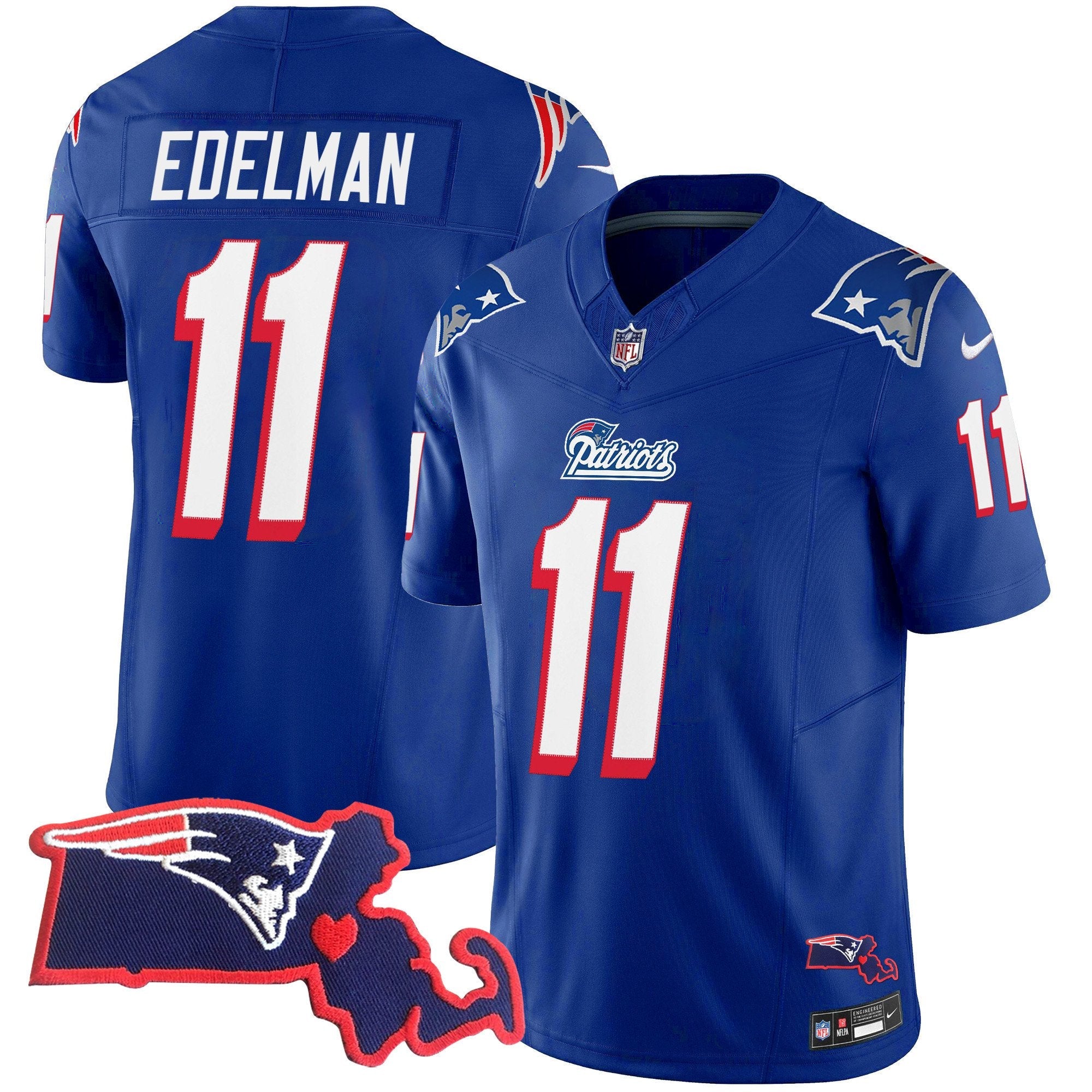Patriots 1996 Throwback State Patch Vapor Jersey – All Stitched – Royal – Julian Edelman Jersey