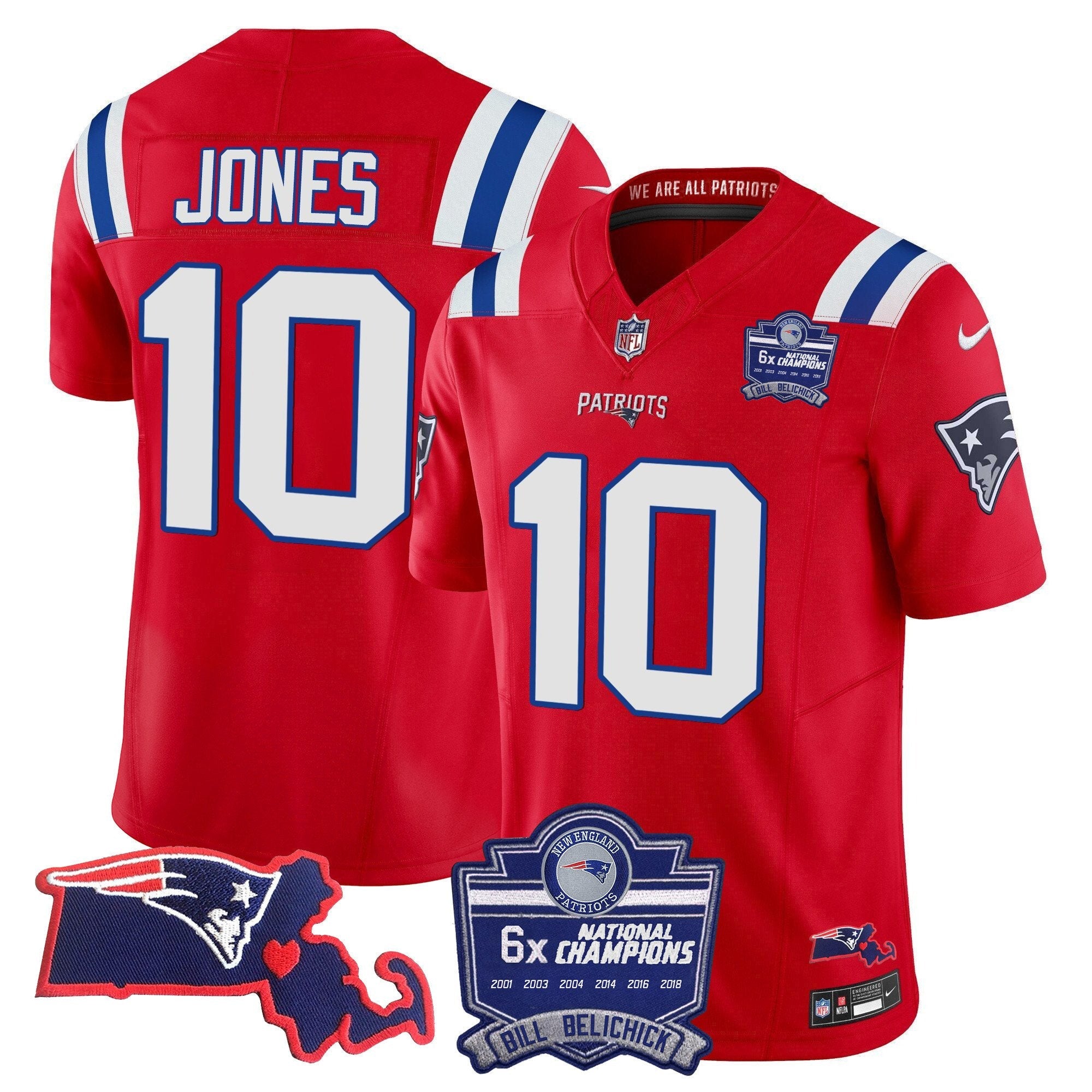 Patriots Bill Belichick 6x Champions Patch Vapor Jersey – All Stitched – Red – Mac Jones Jersey
