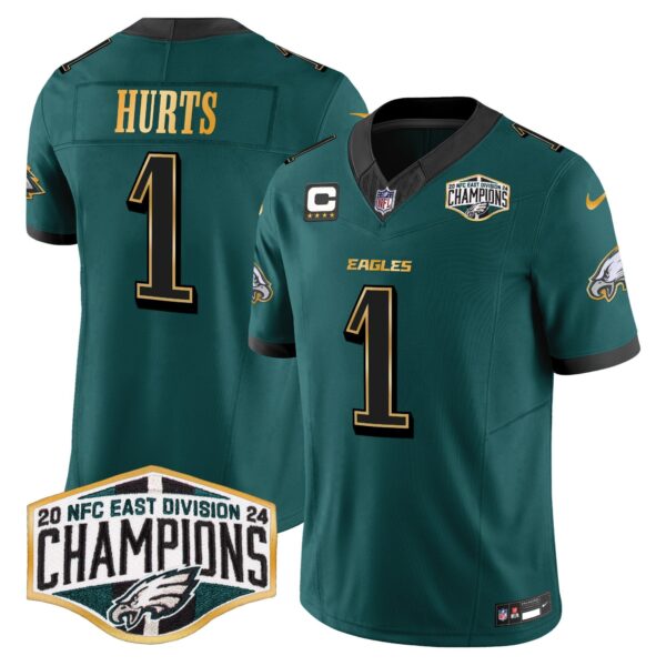 Eagles 2024 NFC East Division Champions Gold Trim Vapor Limited Jersey – All Stitched – Midnight Green – Jalen Hurts Jersey