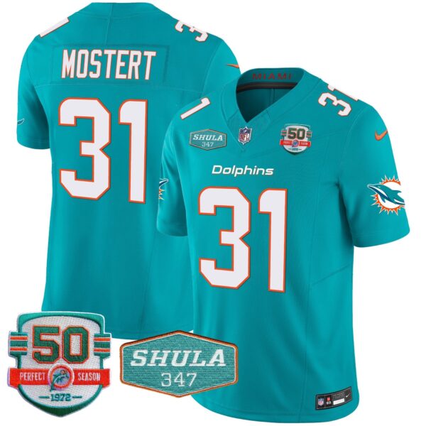 Dolphins Shula 347 Patch Vapor Limited Jersey V2 – All Stitched – Aqua – Raheem Mostert Jersey