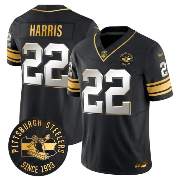 Pittsburgh Steelers Throwback 1933 Patch Gold Vapor Limited Jersey – All Stitched – Black Limited – Najee Harris Jersey
