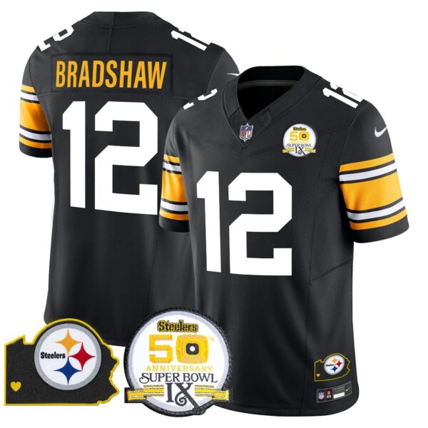 Steelers 50th Anniversary Of Super Bowl IX & Map Patch Vapor Limited Jersey – All Stitched – 1975 Throwback – Terry Bradshaw Jersey