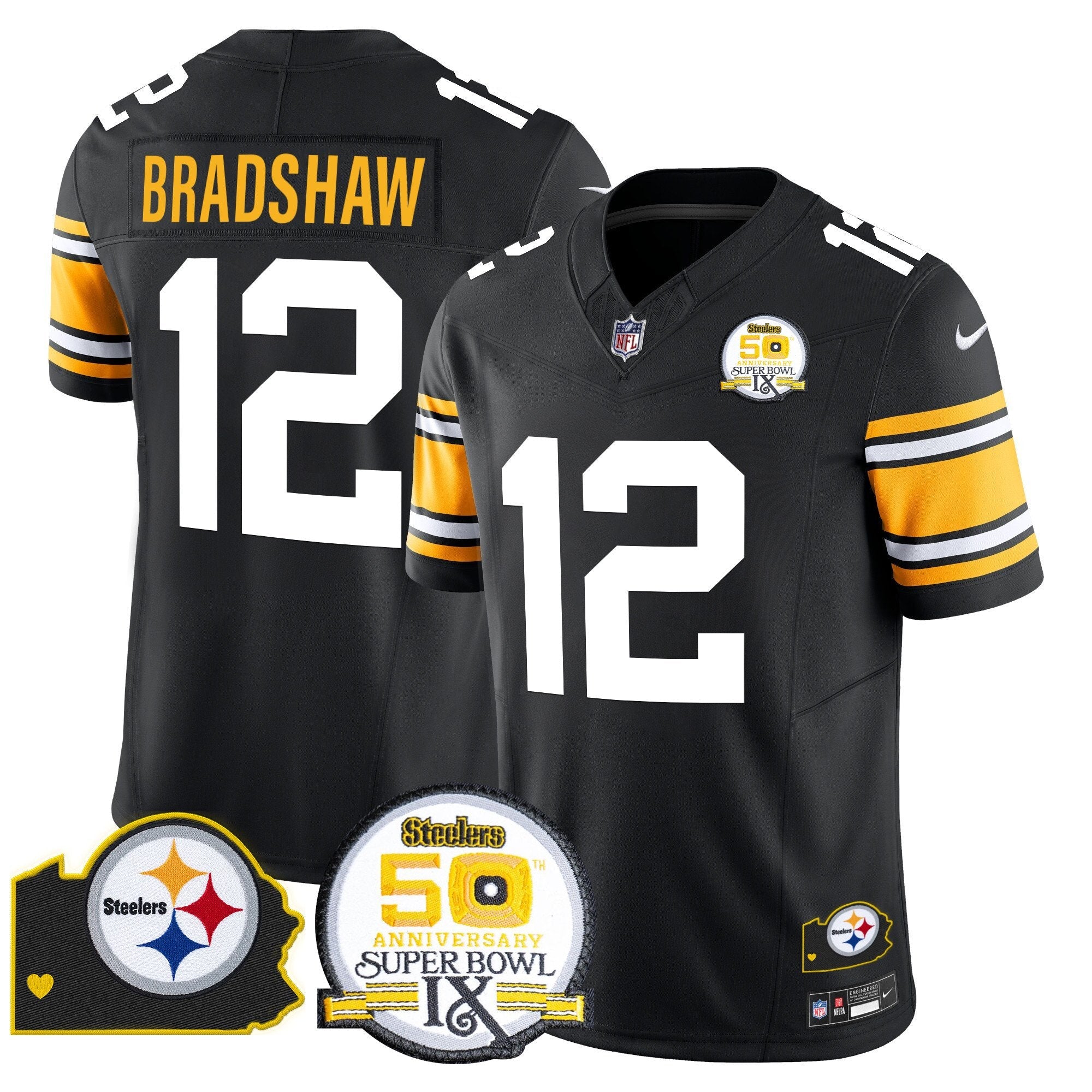 Steelers 50th Anniversary Of Super Bowl IX & Map Patch Vapor Limited Jersey – All Stitched – 1975 Throwback – Terry Bradshaw Jersey