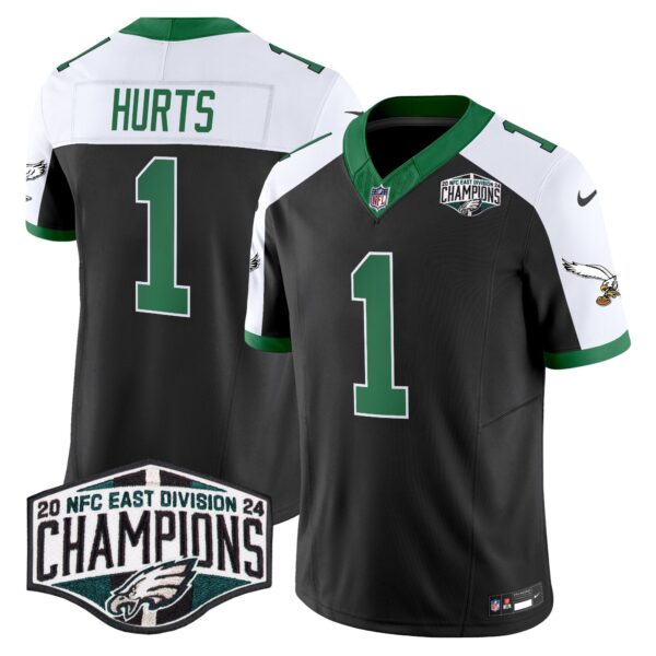 Philadelphia Eagles Kelly Green 2024 NFC East Division Champions Vapor Limited Jersey V2 – All Stitched – Black Alternate – Jalen Hurts Jersey