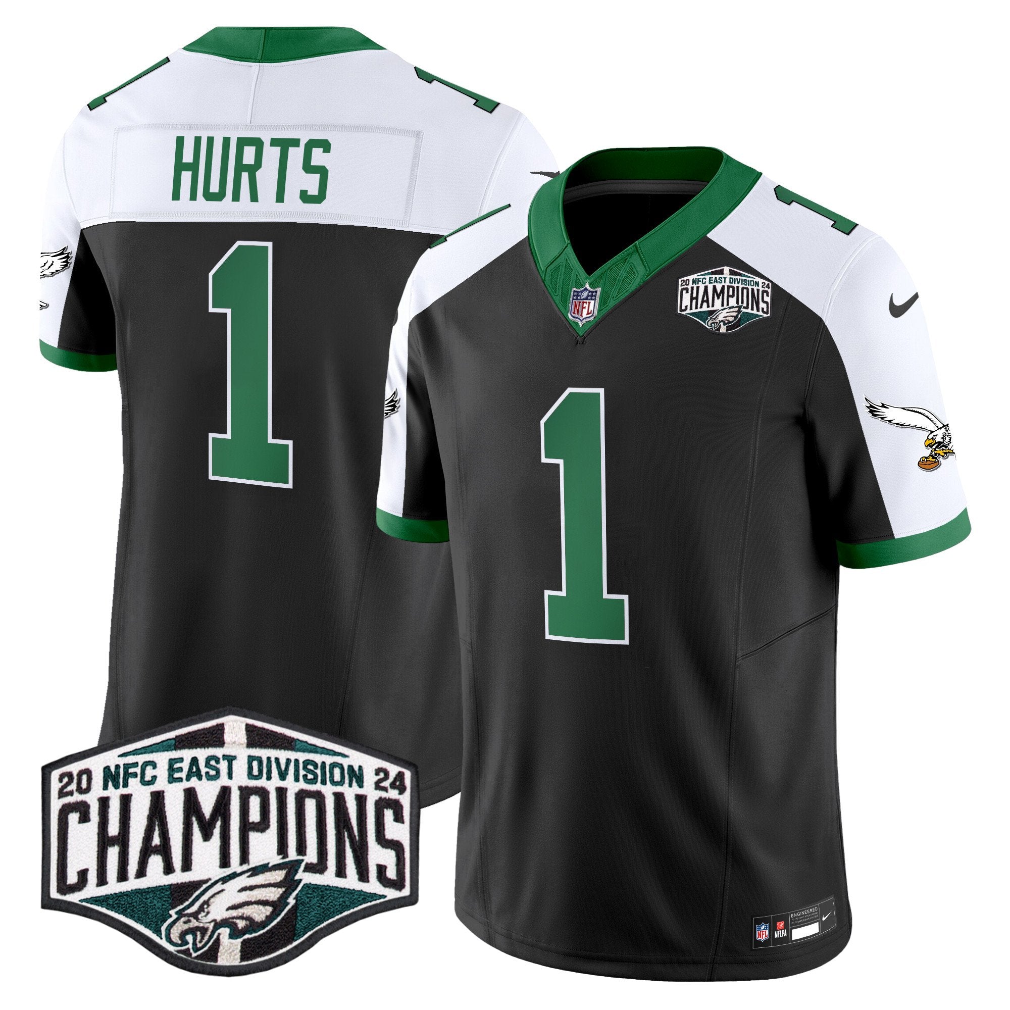 Philadelphia Eagles Kelly Green 2024 NFC East Division Champions Vapor Limited Jersey V2 – All Stitched – Black Alternate – Jalen Hurts Jersey