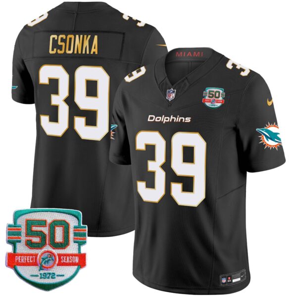 Dolphins Gold Trim Vapor Limited Jersey – All Stitched – Black – Larry Csonka Jersey