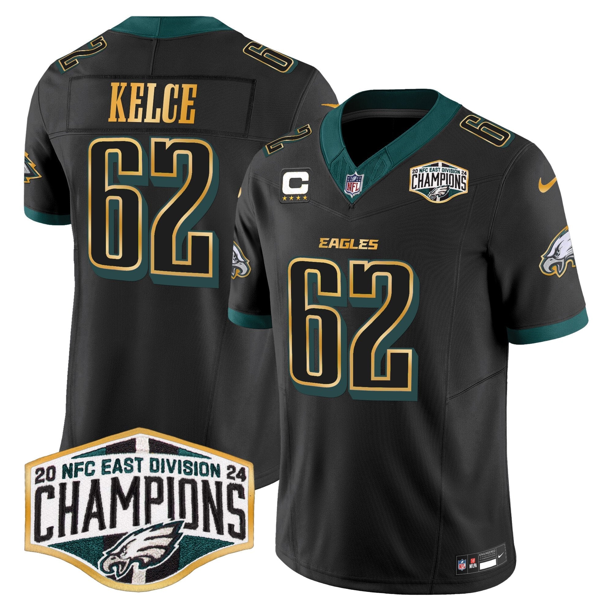 Eagles 2024 NFC East Division Champions Gold Trim Vapor Limited Jersey – All Stitched – Black – Jason Kelce Jersey