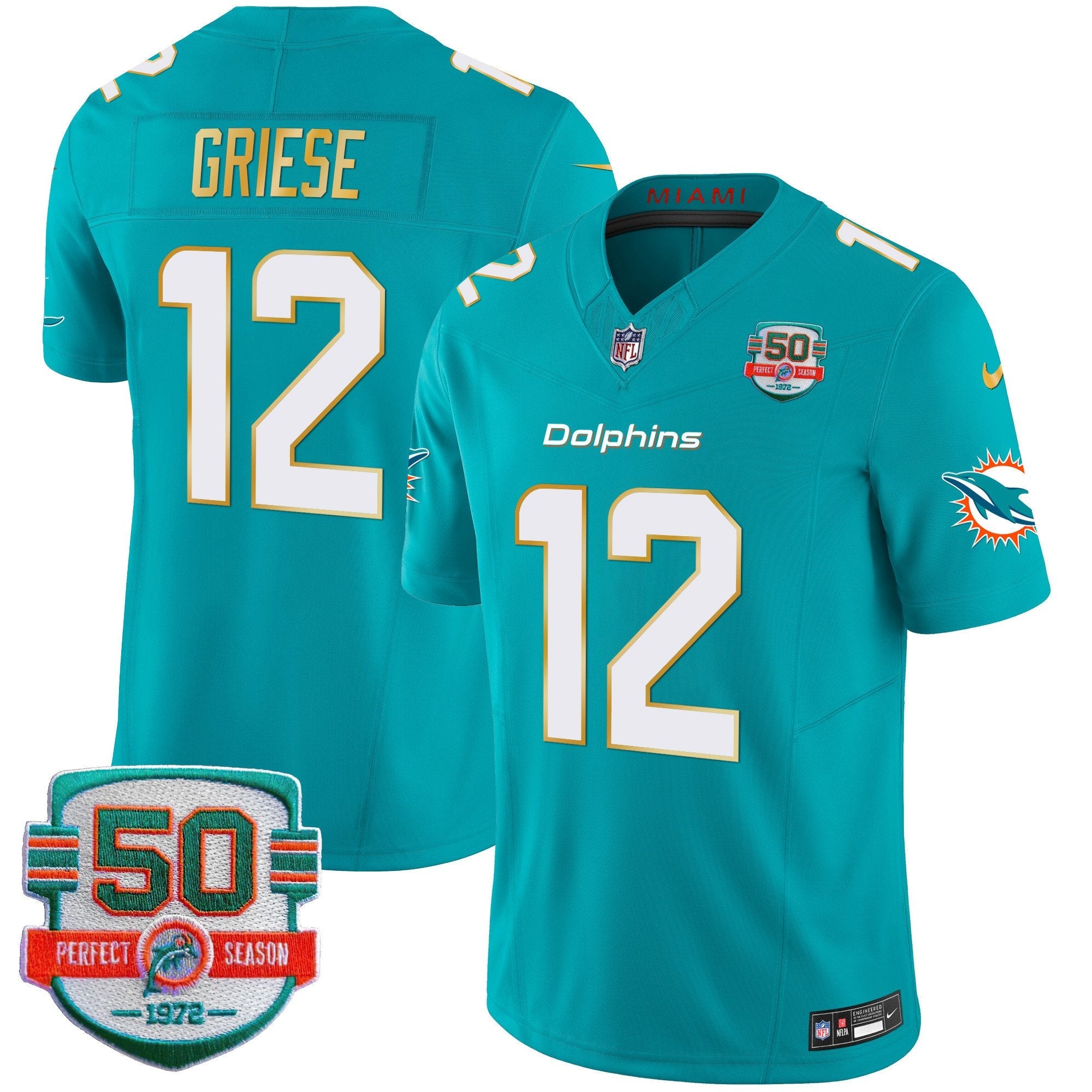 Dolphins Gold Trim Vapor Limited Jersey – All Stitched – Aqua – Bob Griese Jersey