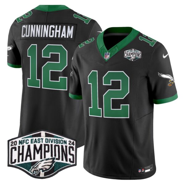 Philadelphia Eagles Kelly Green 2024 NFC East Division Champions Vapor Limited Jersey V2 – All Stitched – Black – Randall Cunningham Jersey