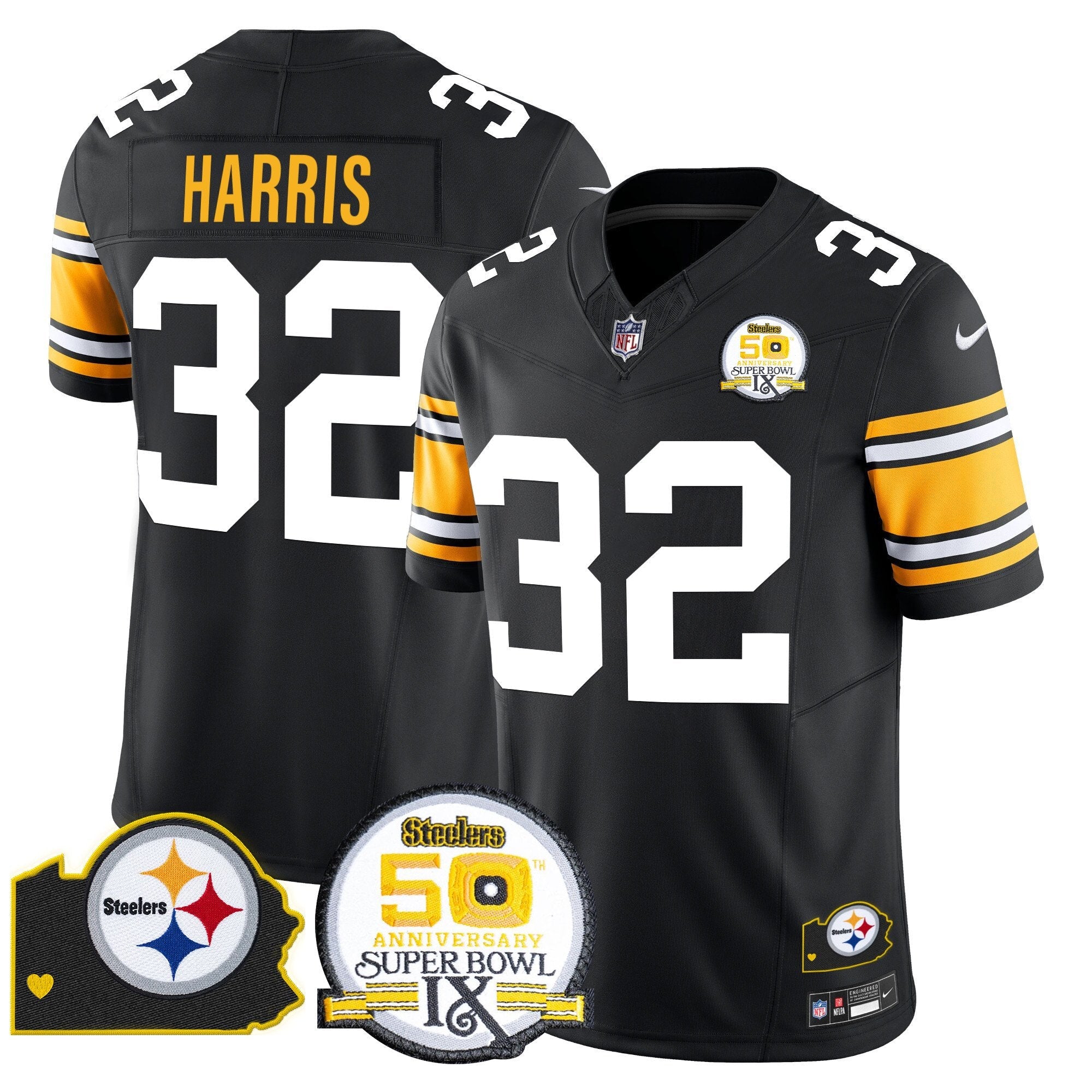 Steelers 50th Anniversary Of Super Bowl IX & Map Patch Vapor Limited Jersey – All Stitched – 1975 Throwback – Franco Harris Jersey