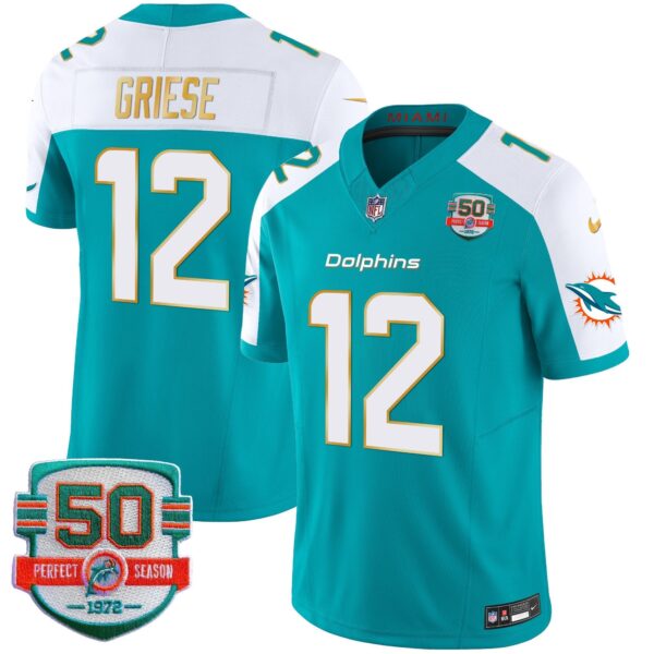 Dolphins Gold Trim Vapor Limited Jersey – All Stitched – Aqua Alternate – Bob Griese Jersey
