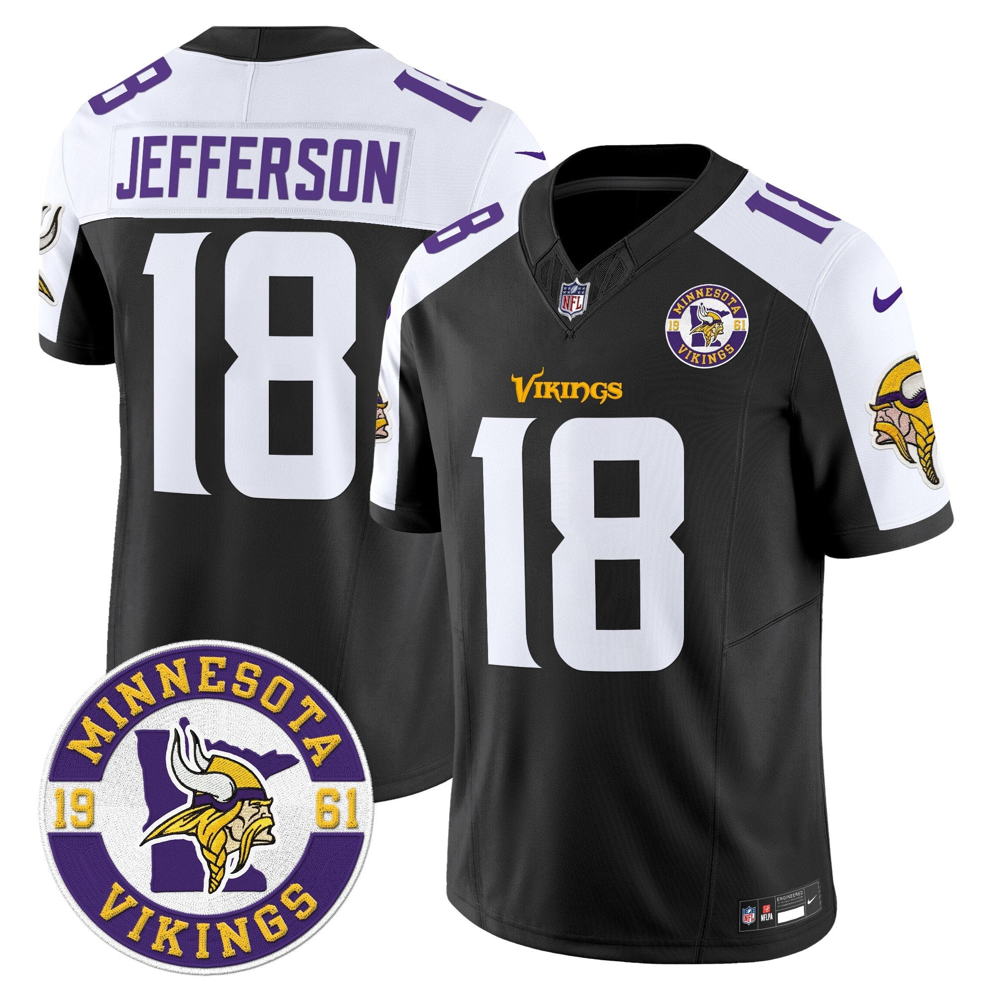 Minnesota Vikings 2024 Vapor Limited Jersey V2 – Est. 1961 Patch – All Stitched – Black Alternate – Justin Jefferson Jersey