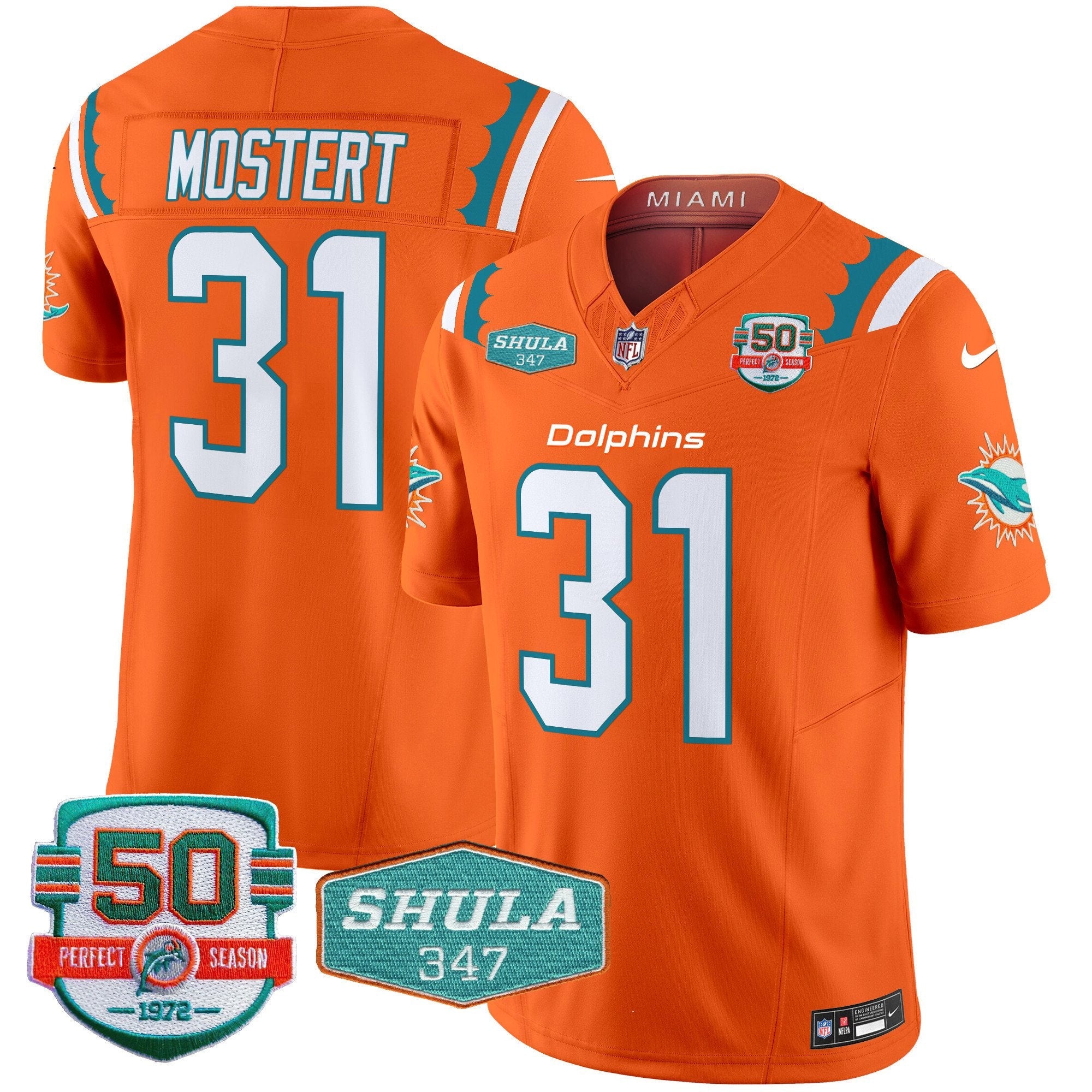 Dolphins 50th & Don Shula 347 Memorial Patch Vapor Limited Jersey – All Stitched – Orange – Raheem Mostert Jersey