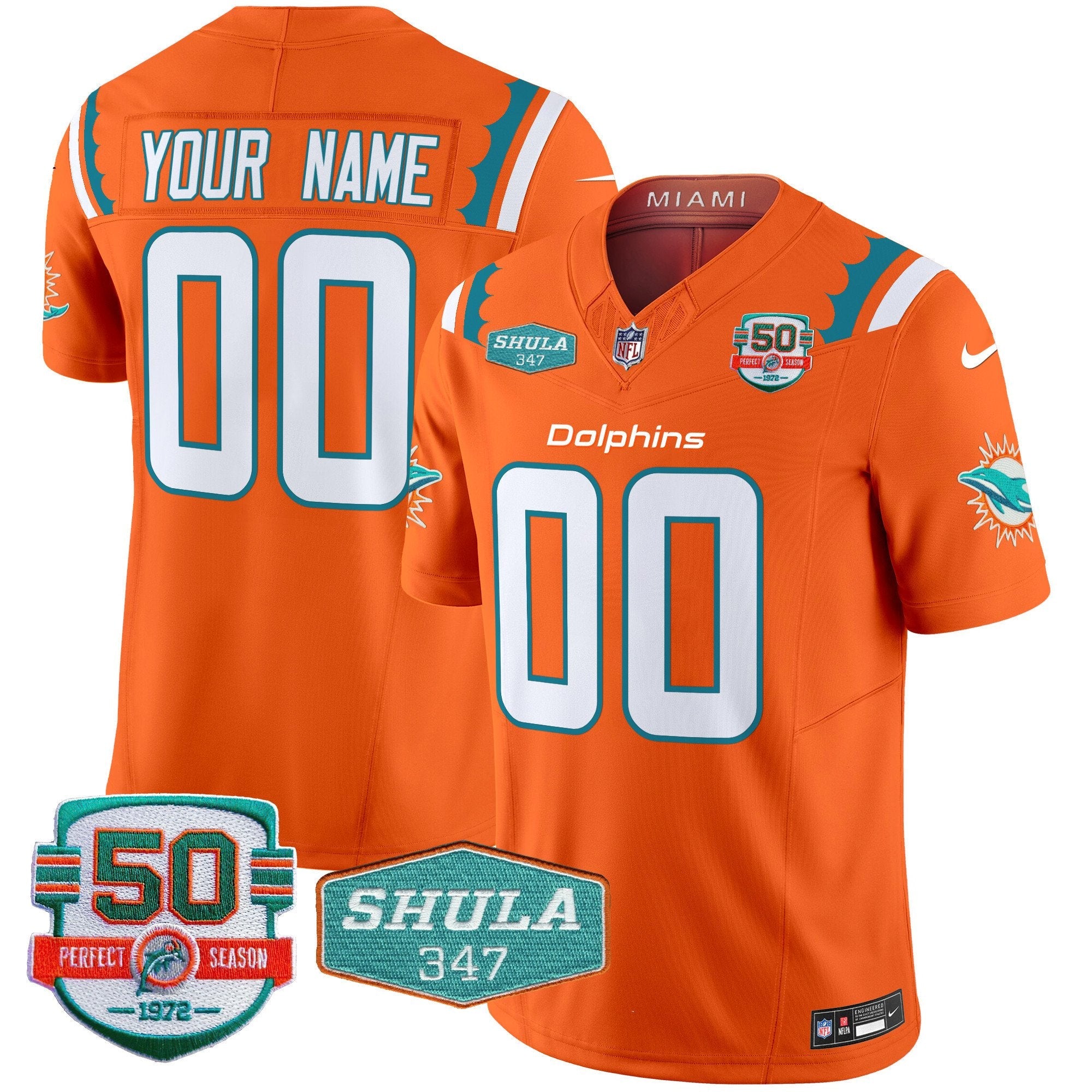Dolphins 50th & Don Shula 347 Memorial Patch Vapor Limited Custom Jersey – All Stitched – Orange Jersey