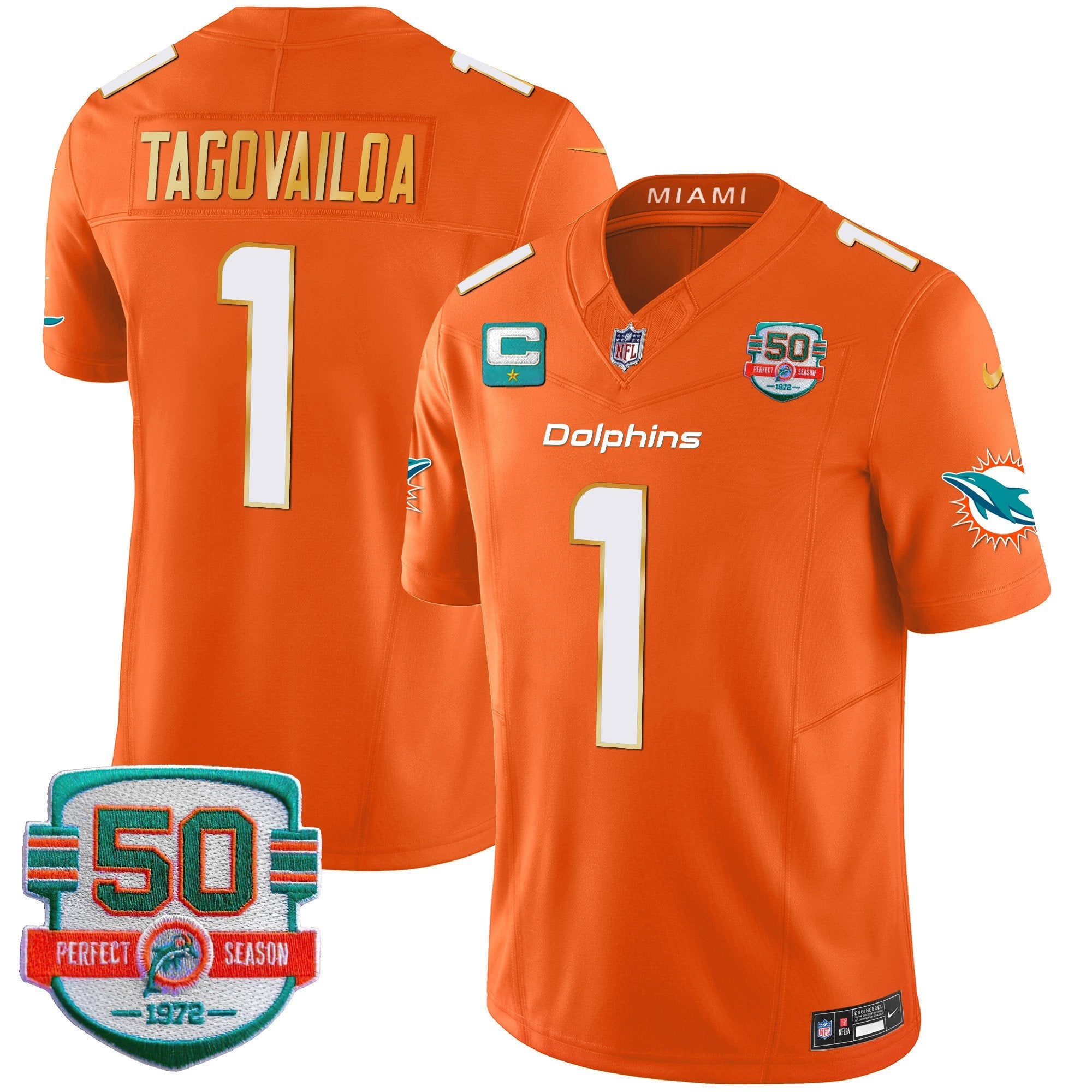 Dolphins Gold Trim Vapor Limited Jersey – All Stitched – Orange – Tua Tagovailoa Jersey