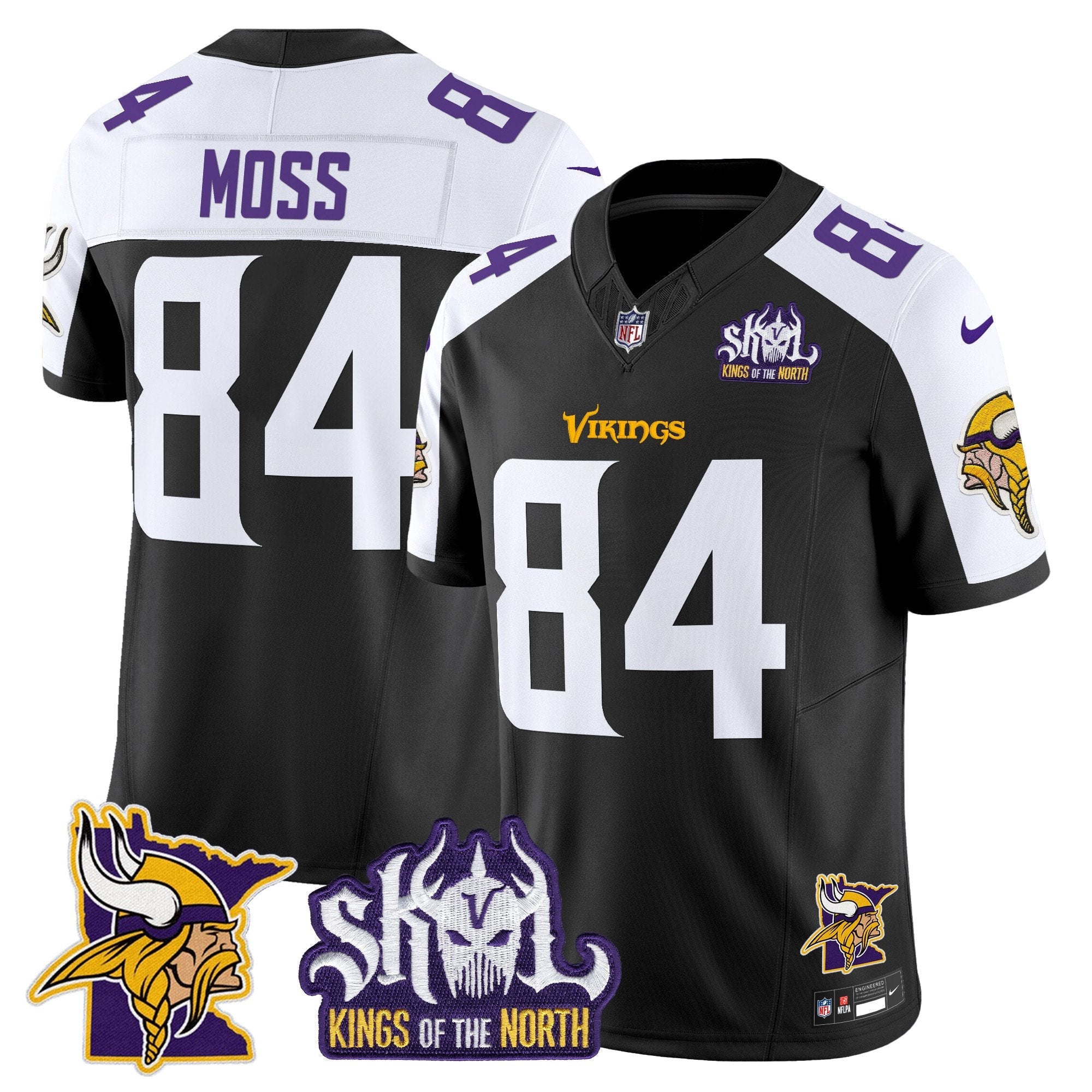 Minnesota Vikings Kings Of The North Patch Vapor Limited Jersey V3 – All Stitched – Black Alternate – Randy Moss Jersey